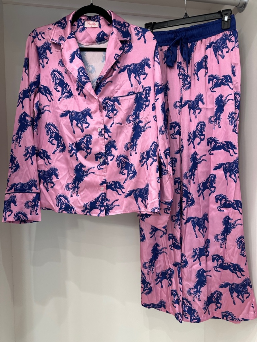 Pink Lily small pink  Horse-Print Pajama Set - Satin Sleepwear.  Like new